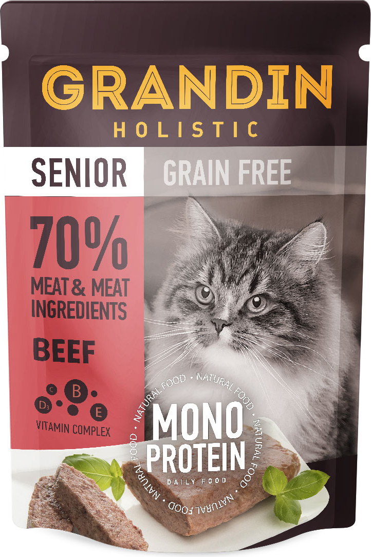 GRANDIN HOLISTIC Полнорационный монопротеиновый влажный корм  для кошек старше 7 лет. Патэ из нежного мяса в желе. Говядина.
